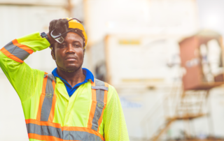 Stay Cool on the Job Site This Summer: man in construction gear wiping his brow in the hot sun.