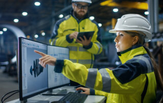 Inside the Heavy Industry Factory Female Industrial Engineer Works on Personal Computer She Designs 3D Engine Model, Her Male Colleague Talks with Her and Uses Tablet Computer. Low Angle Footage.