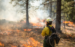 National Wildfire Awareness Month - a firefighter watches over a grass fire.