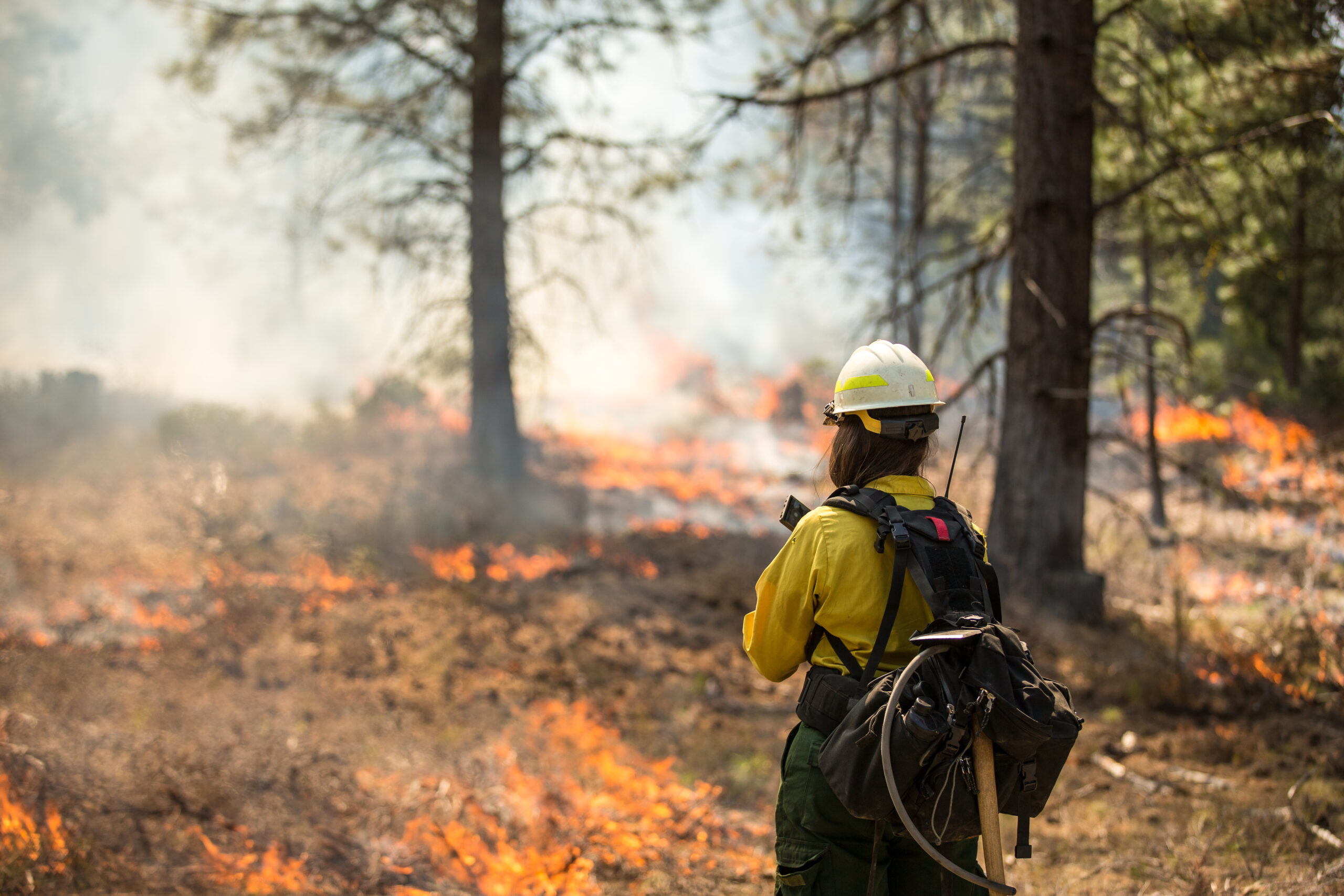 National Wildfire Awareness Month - a firefighter watches over a grass fire.