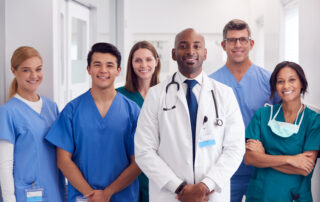 The Importance of Physician Insurance and Risk Management: Portrait Of Multi-Cultural Medical Team Standing In Hospital Corridor