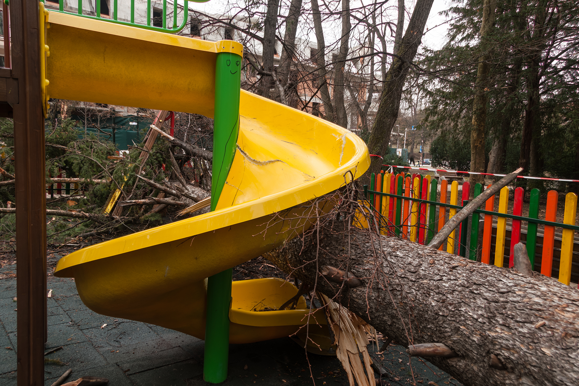 Catastrophic or “CAT” deductibles are the deductible amounts you pay in event of a loss caused by a catastrophic event, which can include named-storm wind, tornado, hail or flood. Pictured: A school playground damaged in a storm.