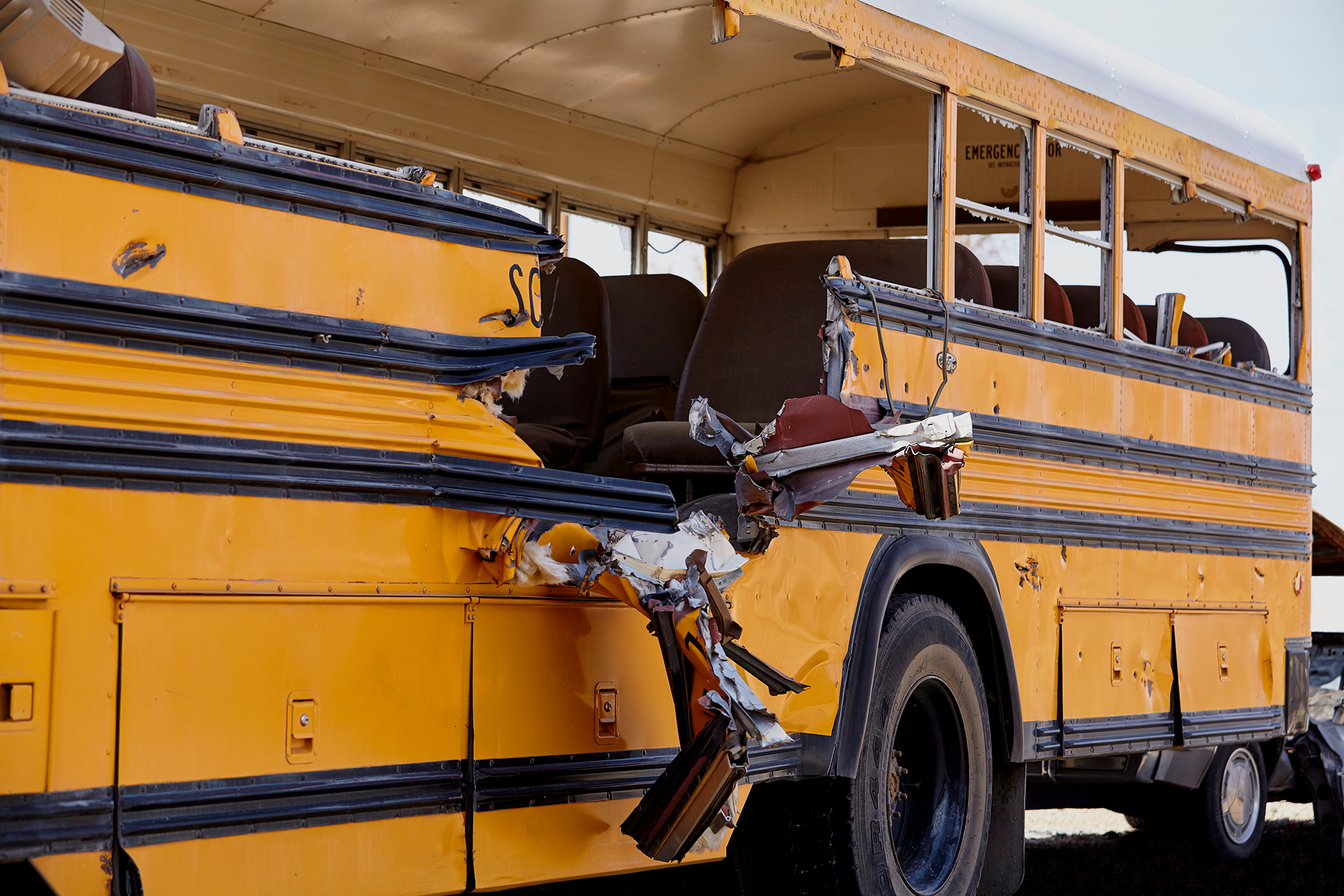 A school bus involved in a collision.