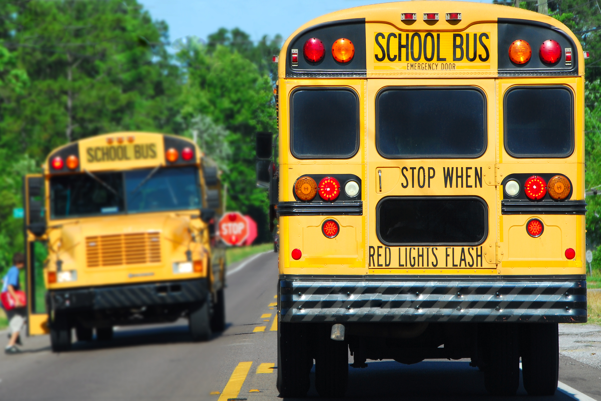 Safeguarding School Transportation - Two school buses facing opposite directions, with the stop lights flashing.