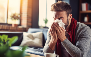 Sick Days Have Doubled, but Morale Is Up: A man using a tissue while sitting on his couch.