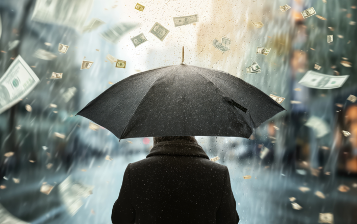 Parametric Insurance: A Sure Bet on Nature’s Gambles: A person facing away from the camera with an umbrella and it is raining money.