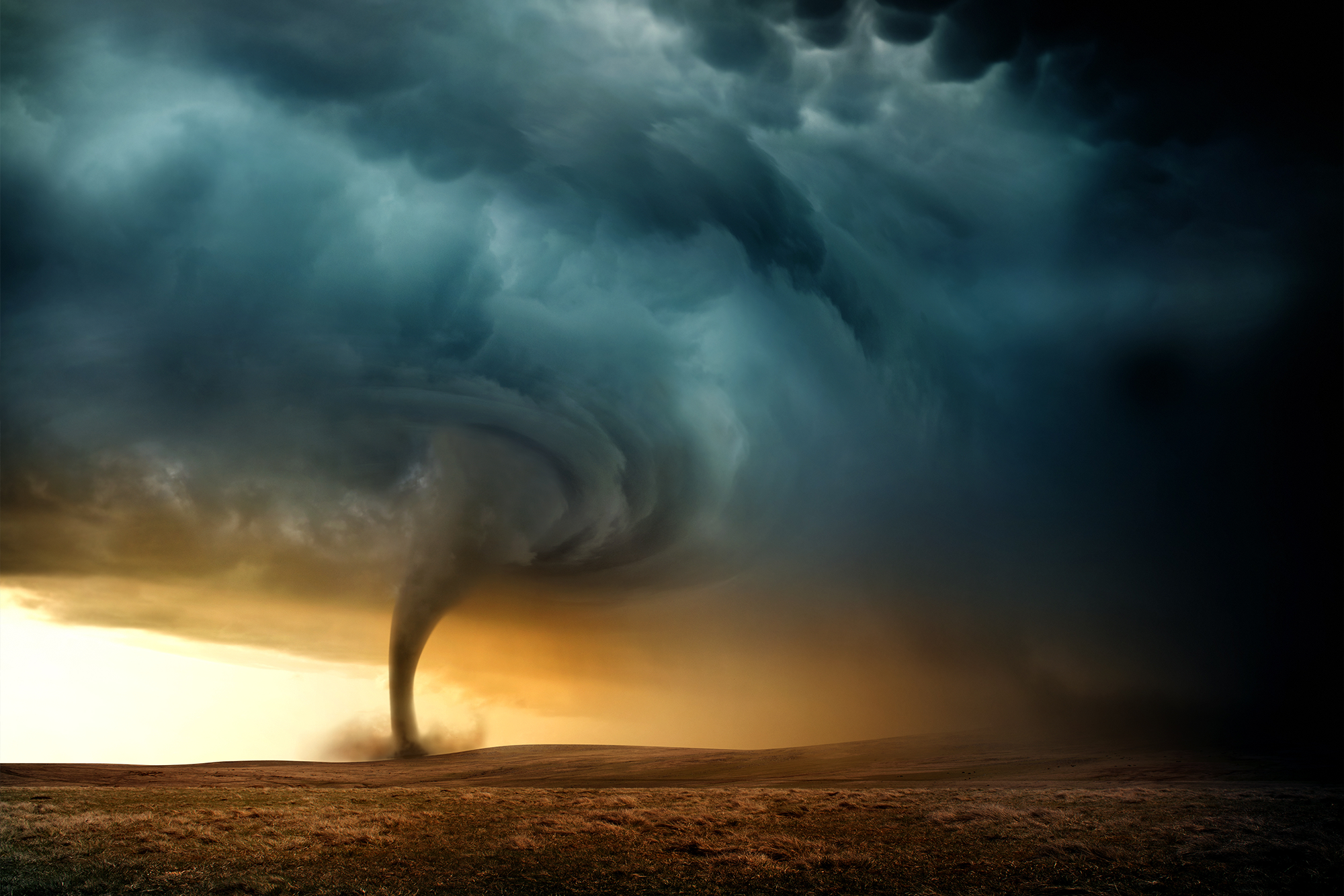 Tornado Safety Precautions: A tornado touching down in the distance,