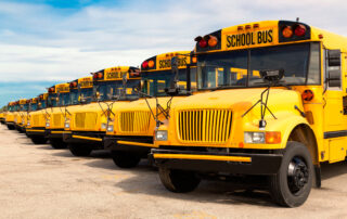 Row of yellow school buses (School Fleet) lined up in a parking lot