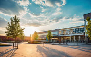 Outside of a school building with the sun rising/setting over it.