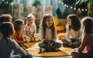 Group therapy kids talking sitting in the circle to address mental health