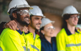 Imminent Danger on the Job Site: A group of construction workers with proper safety gear looking off into the distance.