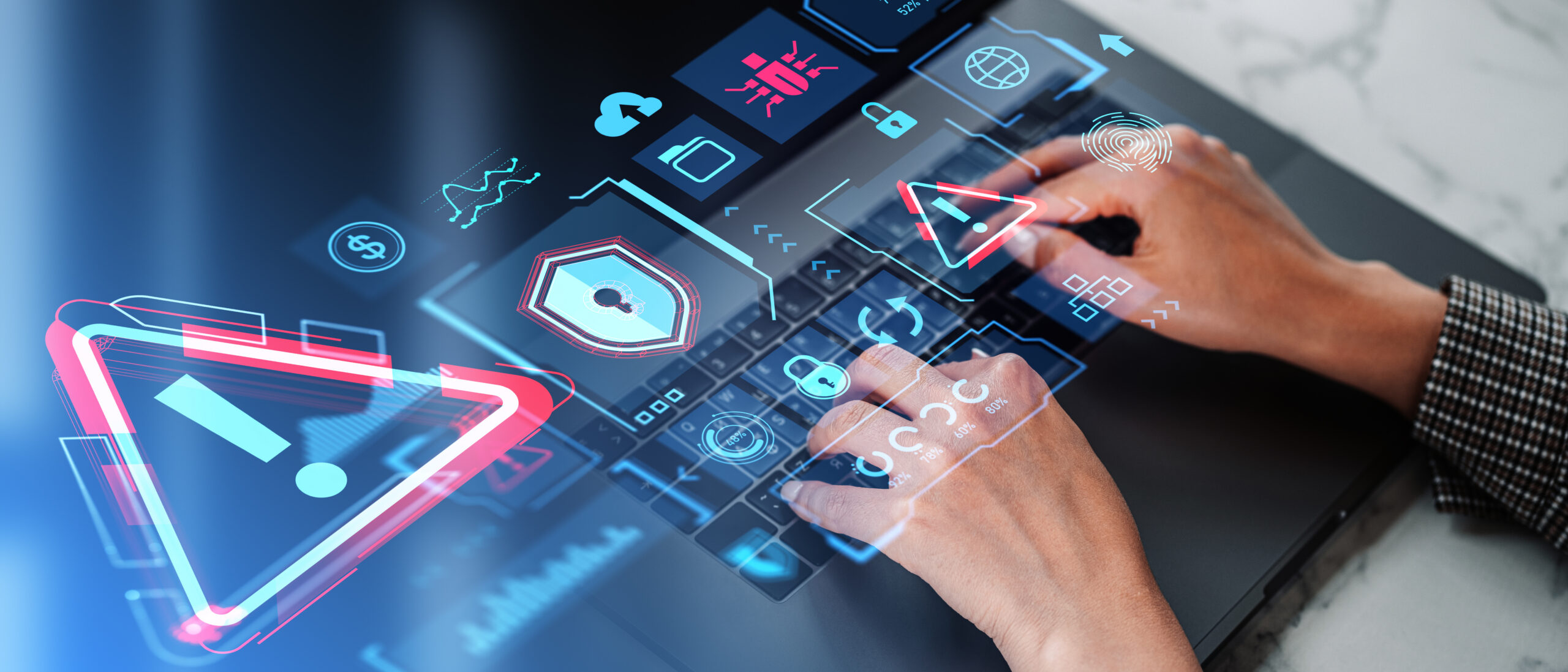 Hands of businesswoman using laptop at office table with double exposure of immersive cybersecurity interface. Concept of data protection